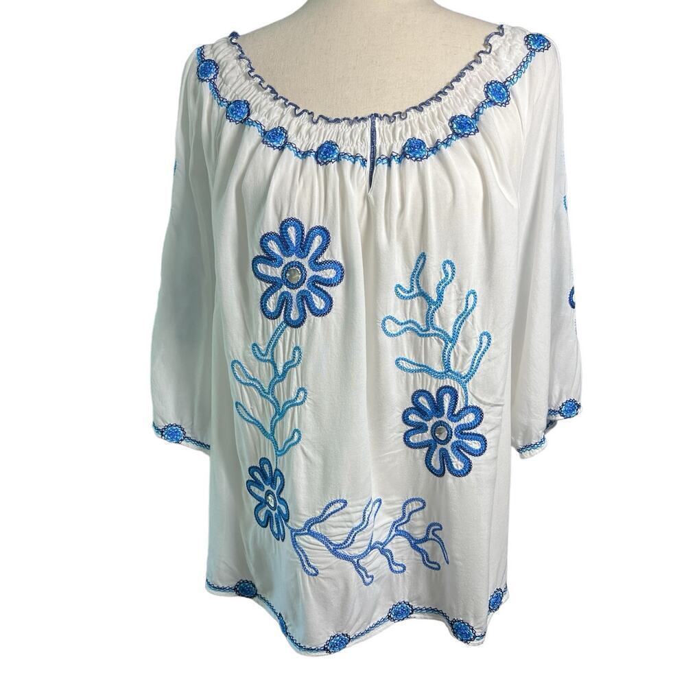 Avenue Embroidered Tunic, Floral, White/Blue, Floral, size 18/20, Hippie Boho